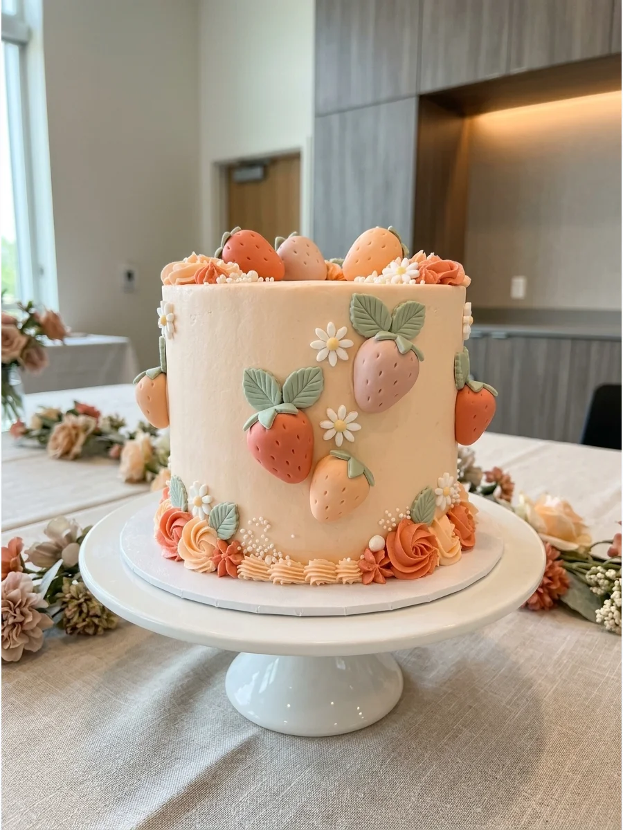 A pastel-colored strawberry cake with coral and sage green accents.