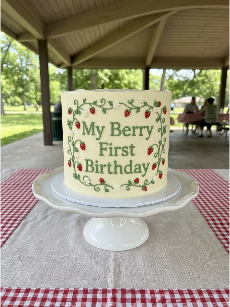 A cream buttercream cake with delicate green vines and small piped strawberries surrounding a birthday message.