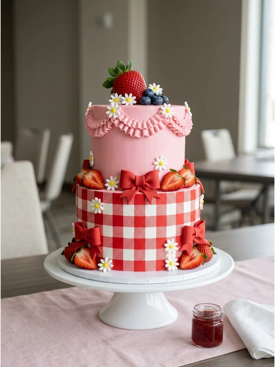 A two-tier pink and red gingham cake with a large strawberry topper.