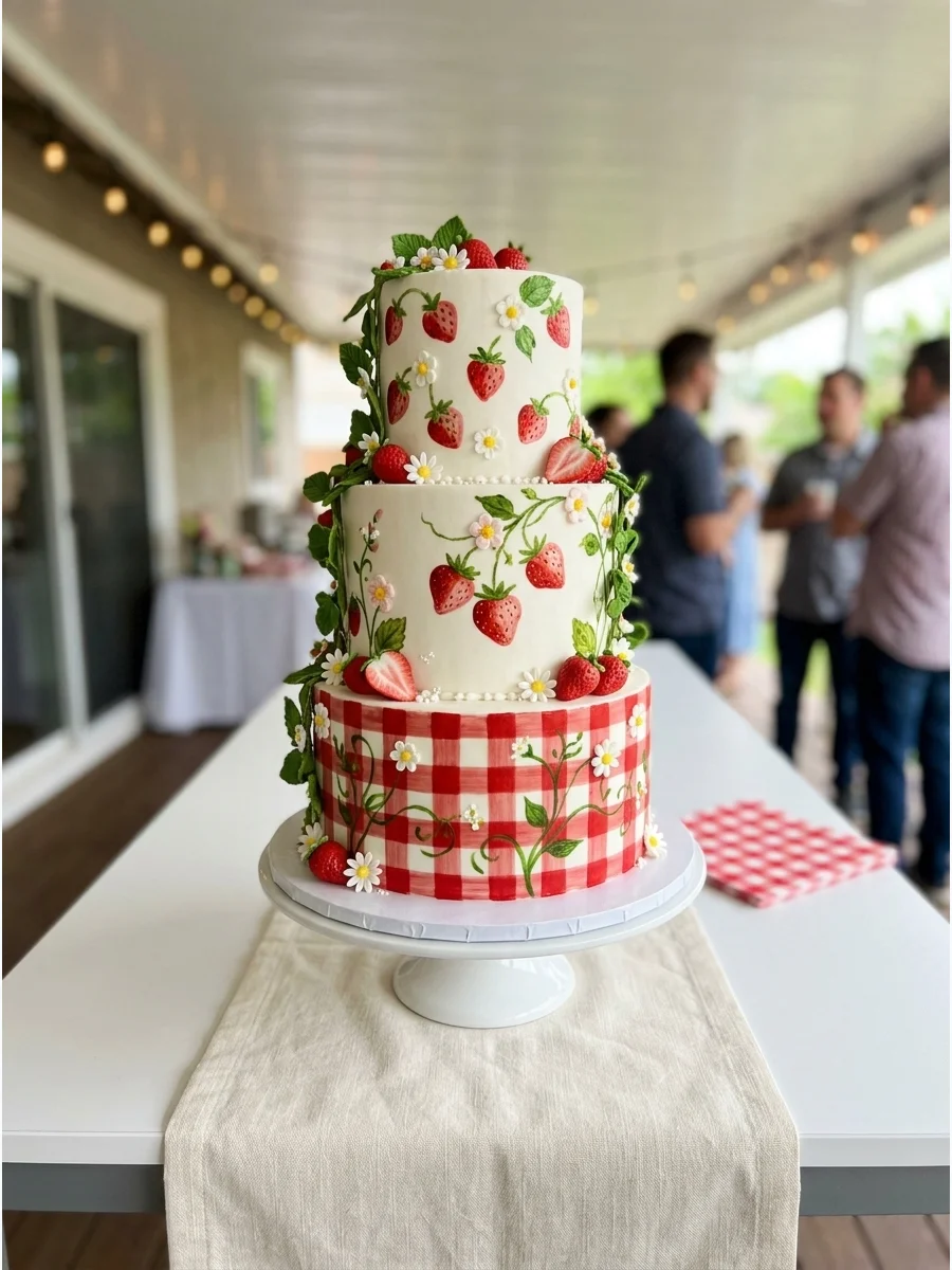 A tall three-tier white cake decorated with green vines and red strawberries.