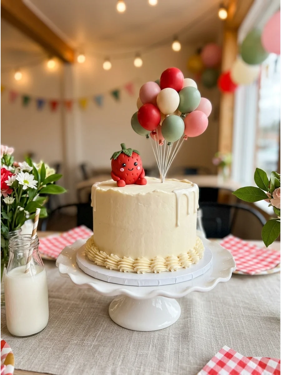 A cream cake with a strawberry character and small pink balloons on top.