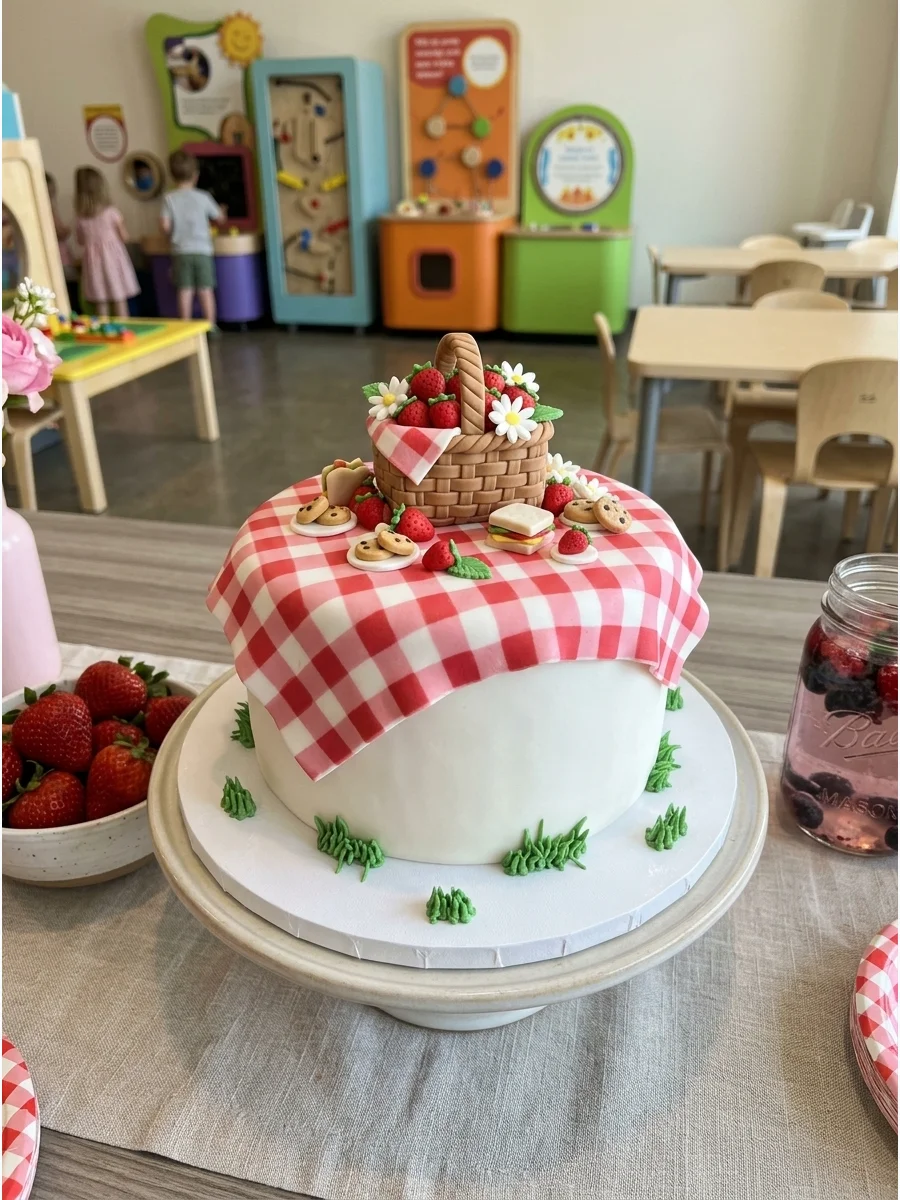 A picnic-themed cake with a red gingham pattern and a small berry basket.