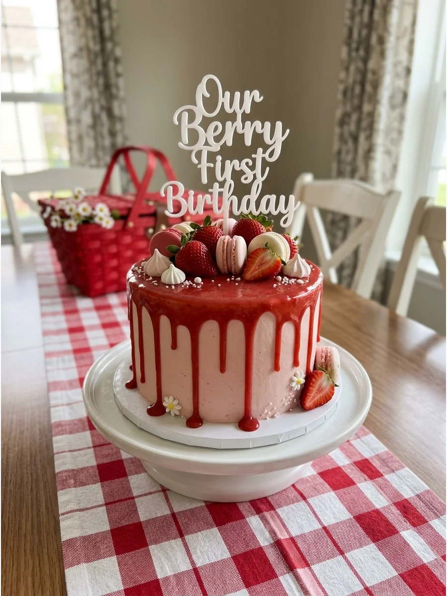 A pink drip cake decorated with fresh strawberries and white meringues.