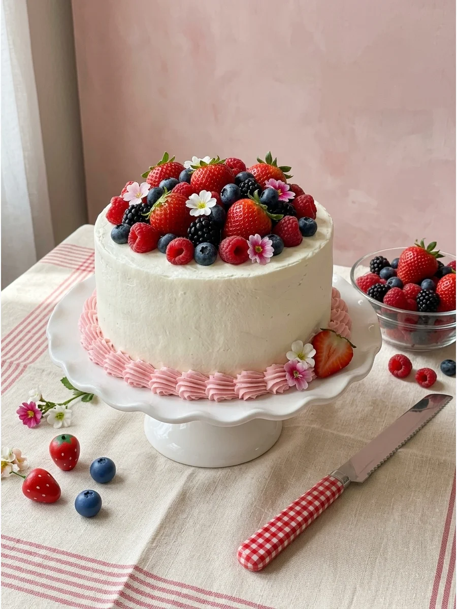 A white Chantilly cake topped with a variety of fresh berries and mint leaves.