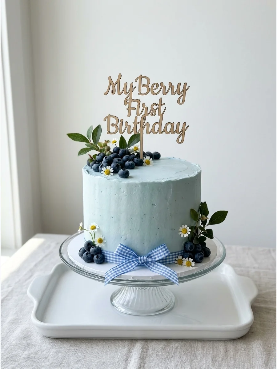 A pale blue birthday cake with fresh blueberries and white flowers.