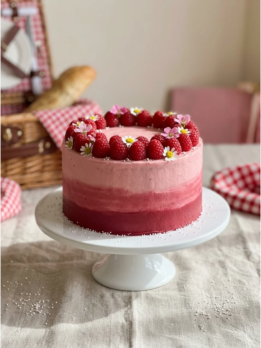 A dark pink raspberry cake with fresh fruit and a red number one topper.