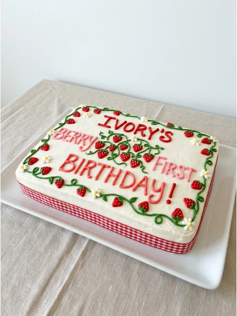 A large sheet cake with a strawberry patch design and a birthday message.