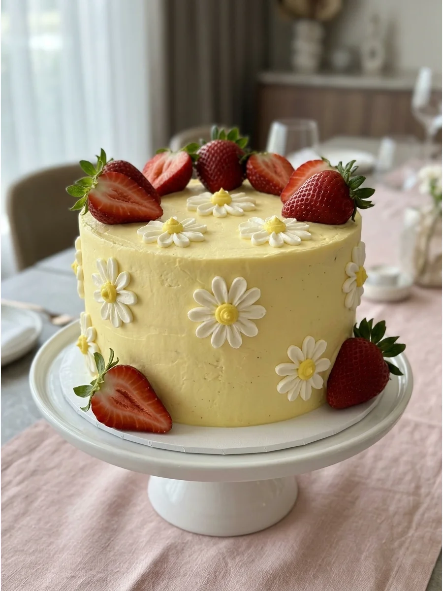 A yellow birthday cake decorated with fresh red strawberries and white buttercream daisies.
