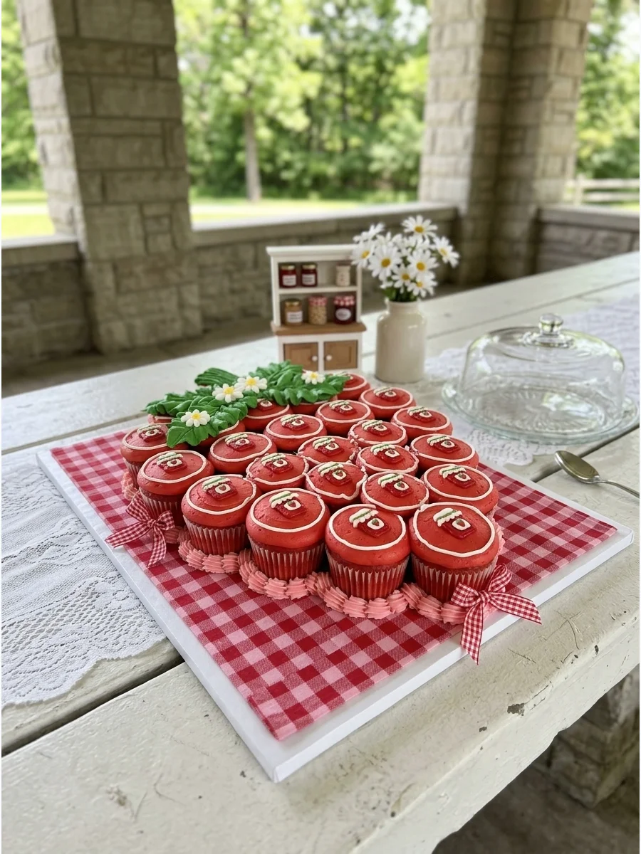 A pull-apart cupcake cake shaped like a strawberry with green leaf frosting.