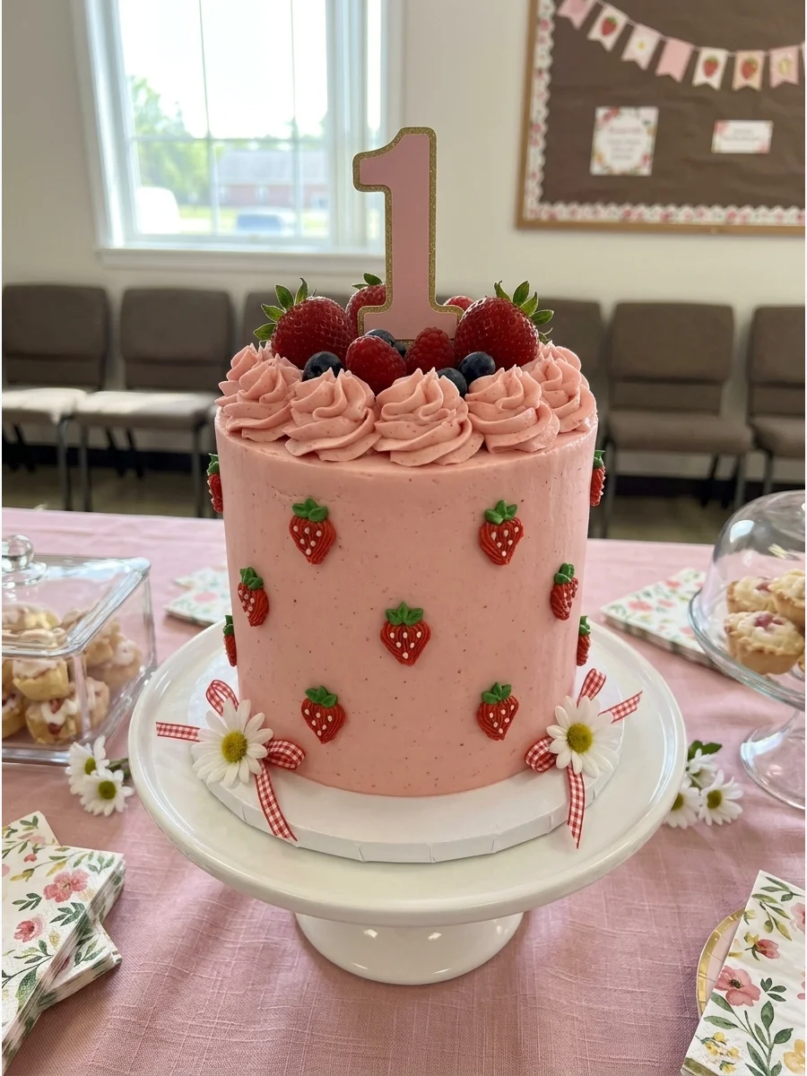 A pink buttercream cake with decorative swirls and piped strawberry details.