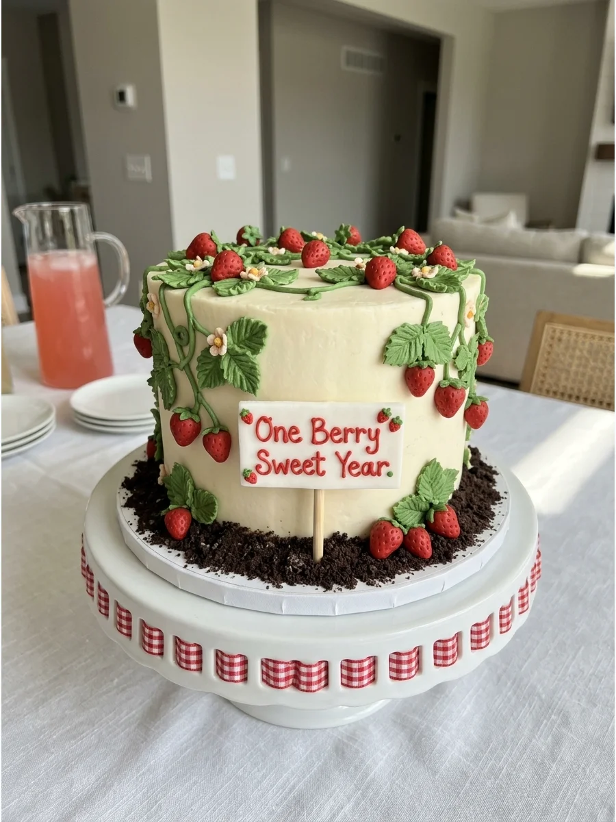 A garden-themed cake with green grass frosting and small red strawberries throughout the design.