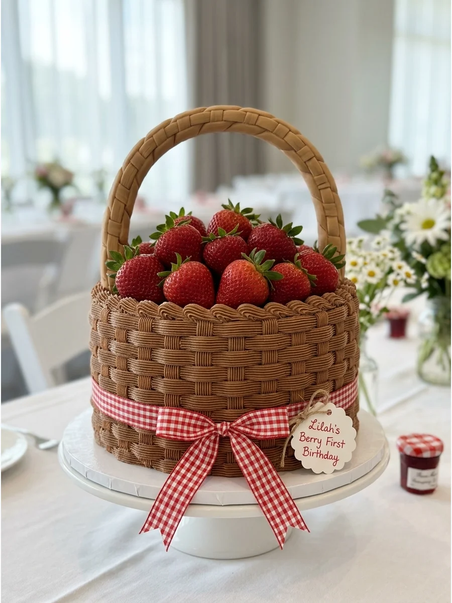 A birthday cake with basketweave frosting filled with fresh strawberries on top.