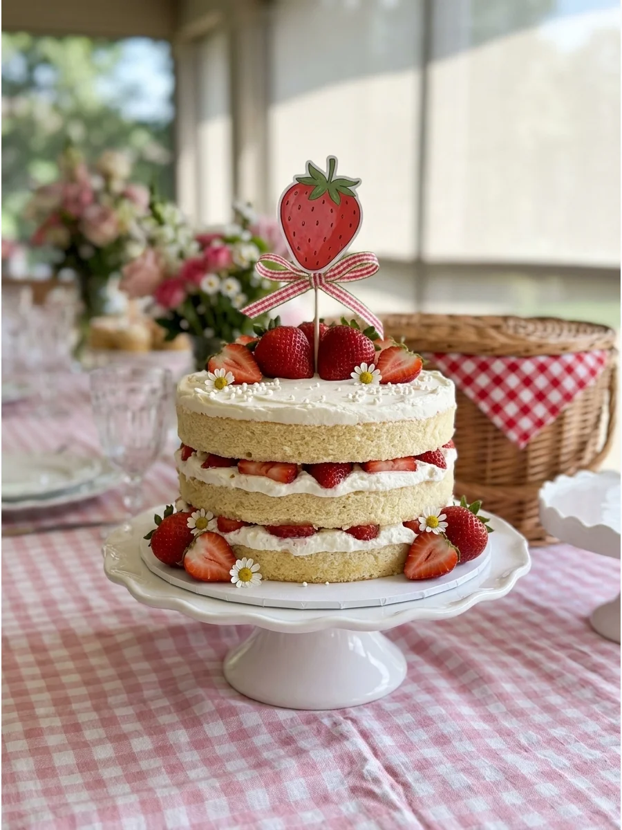 A layered strawberry shortcake with whipped cream and fresh berry slices visible from the side.