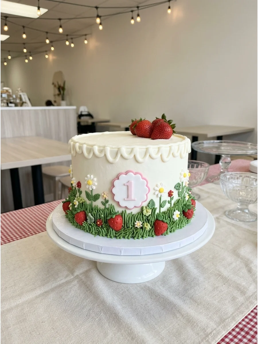 A white cake with a green grass border and small strawberries and flowers around the base.
