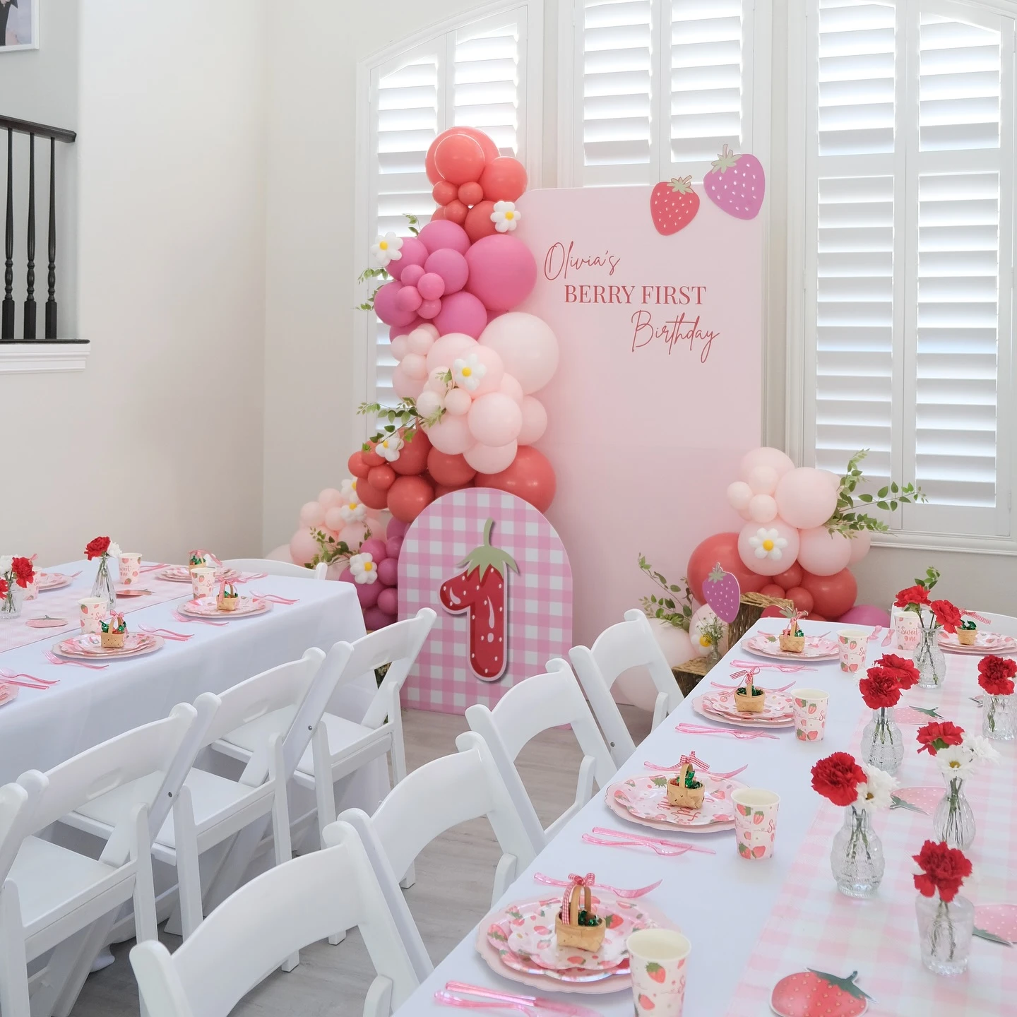 Layered Gingham Table Settings berry first birthday