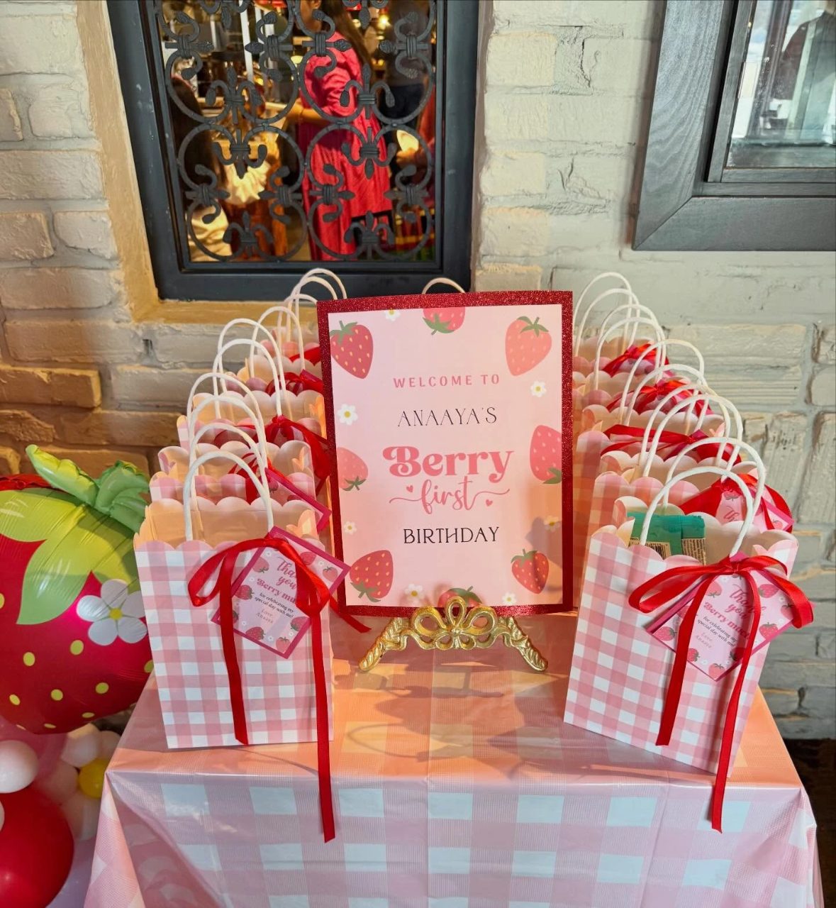 Gingham Favor Bag Station berry first birthday