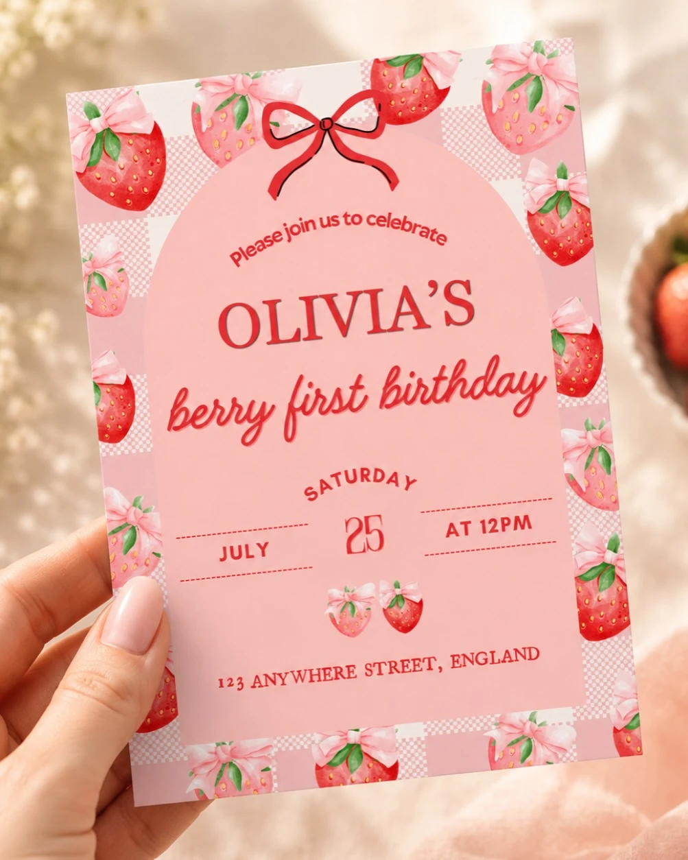 Watercolor Bow and Berry Stationery berry first birthday
