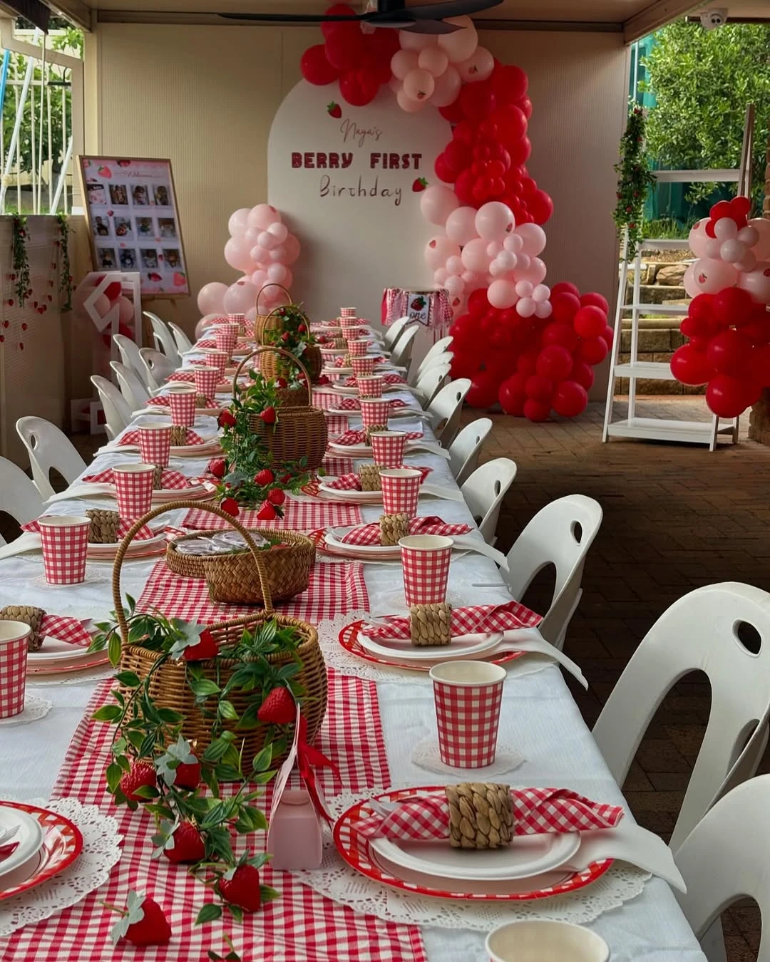 Gingham Picnic Table Layout berry first birthday