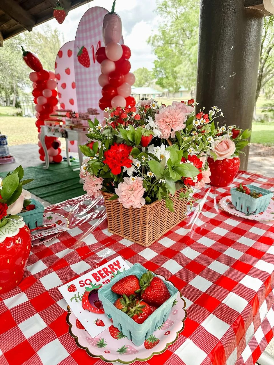 Woven Basket Floral Centerpieces berry first birthday