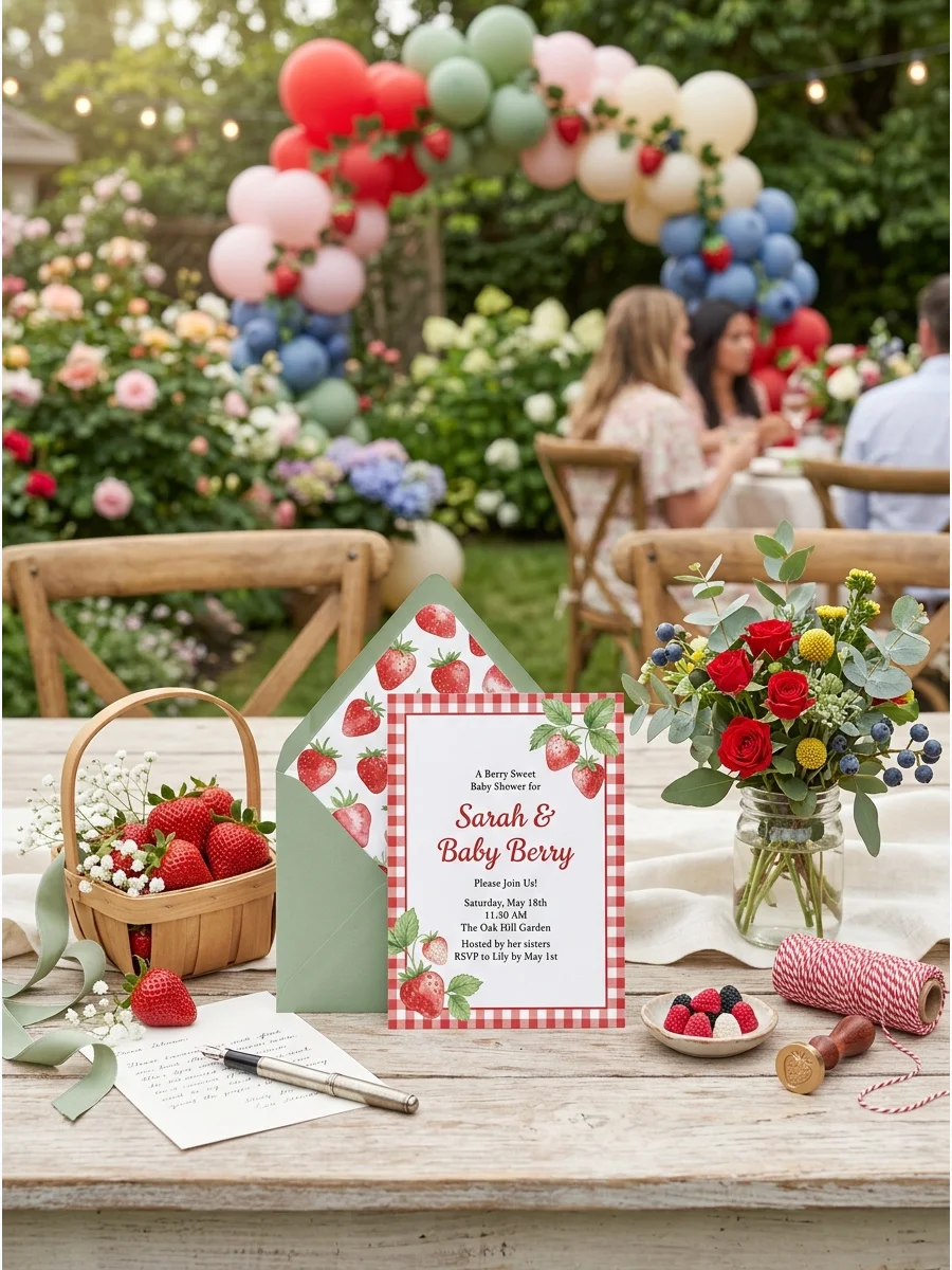 A rustic baby shower invitation with red gingham and watercolor strawberries next to a sage green envelope.