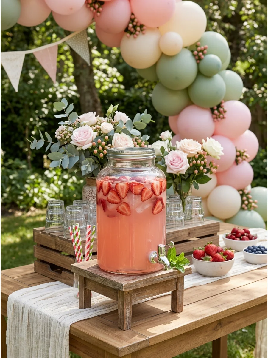 A large glass dispenser of pink strawberry lemonade with fresh fruit slices on a wooden stand.
