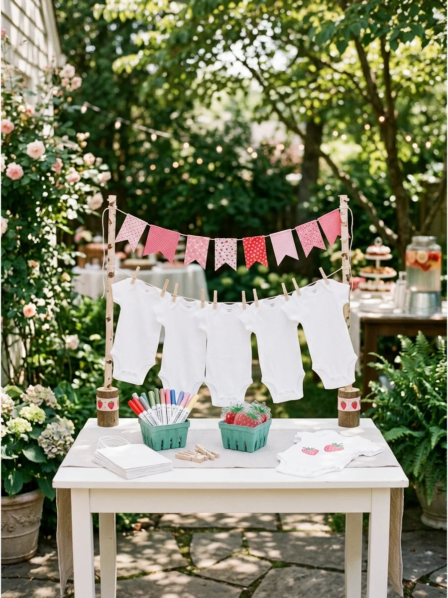 A baby shower craft station for decorating onesies with strawberry stencils and markers.