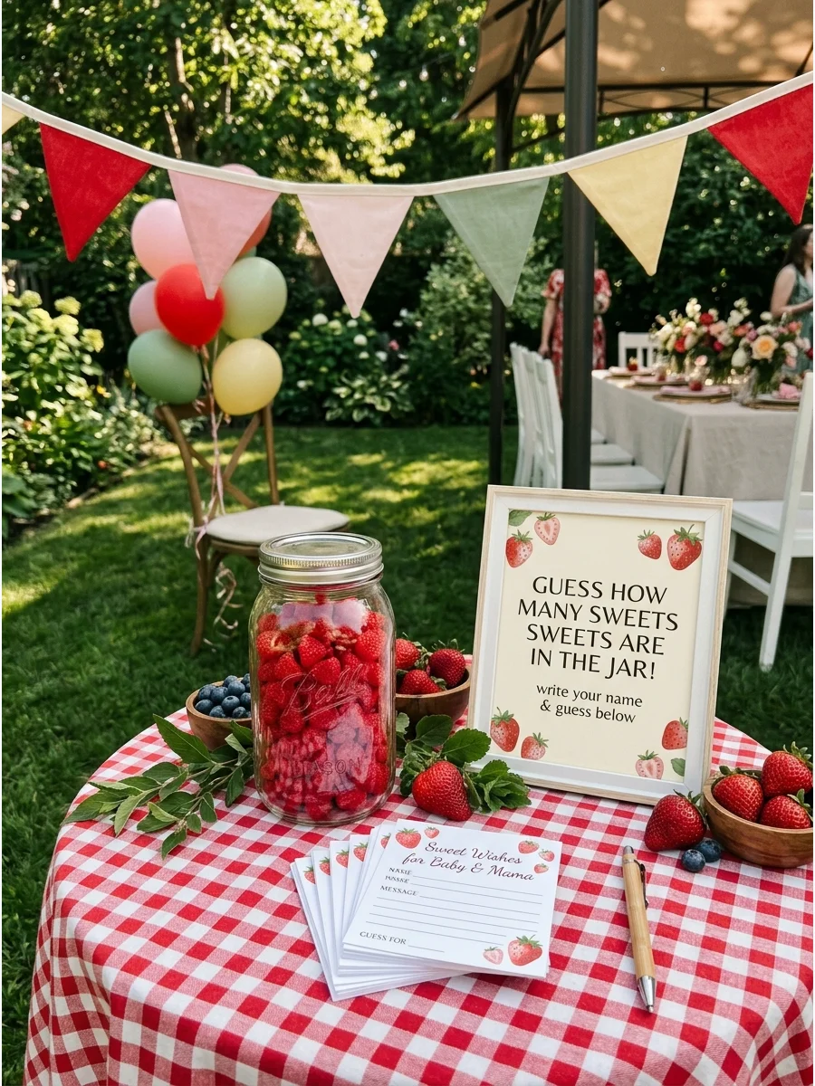 A glass jar filled with red berry candies next to guessing cards for a baby shower game.