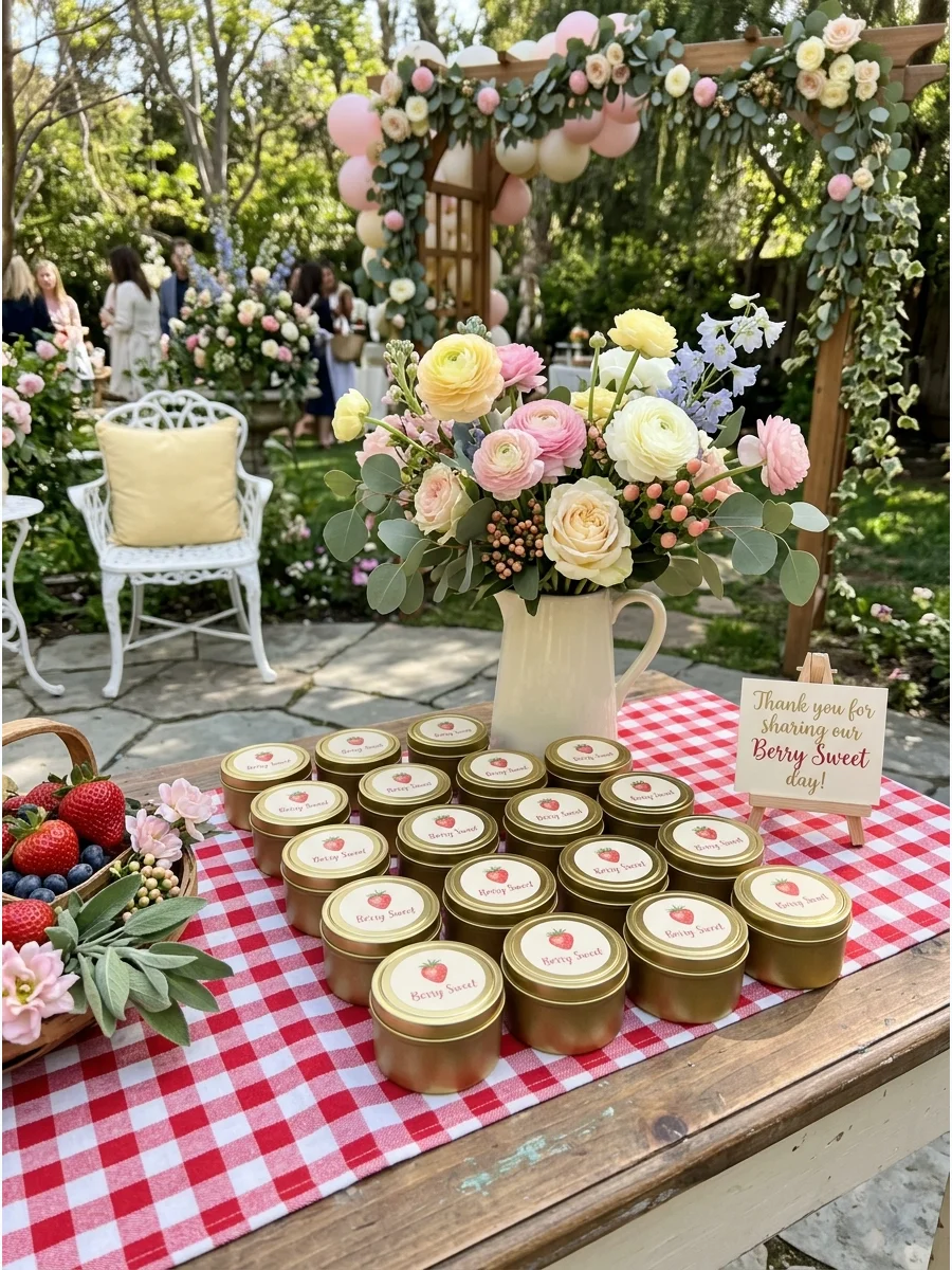Small gold candle tins with strawberry labels arranged on a gingham fabric.