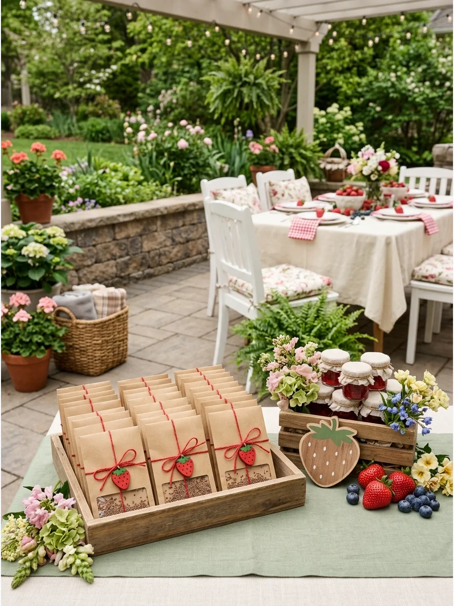 Strawberry seed packets tied with red twine and wooden charms in a rustic crate.