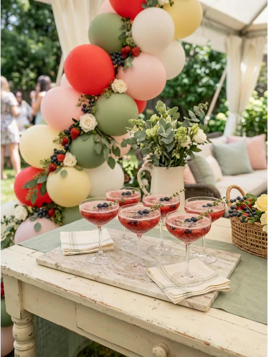 Sparkling berry mocktails in coupe glasses garnished with blueberries and thyme.