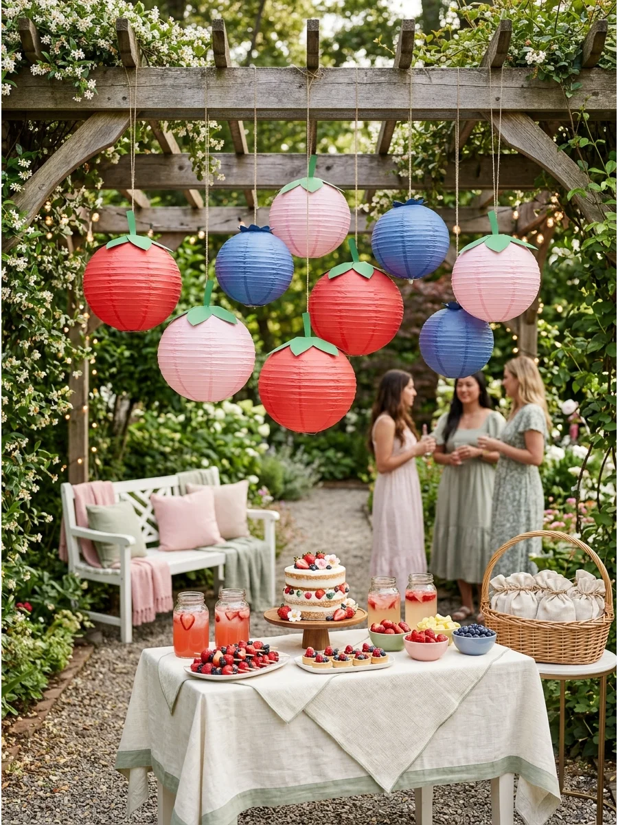 Red and pink paper lanterns decorated to look like strawberries hanging from a wooden trellis.