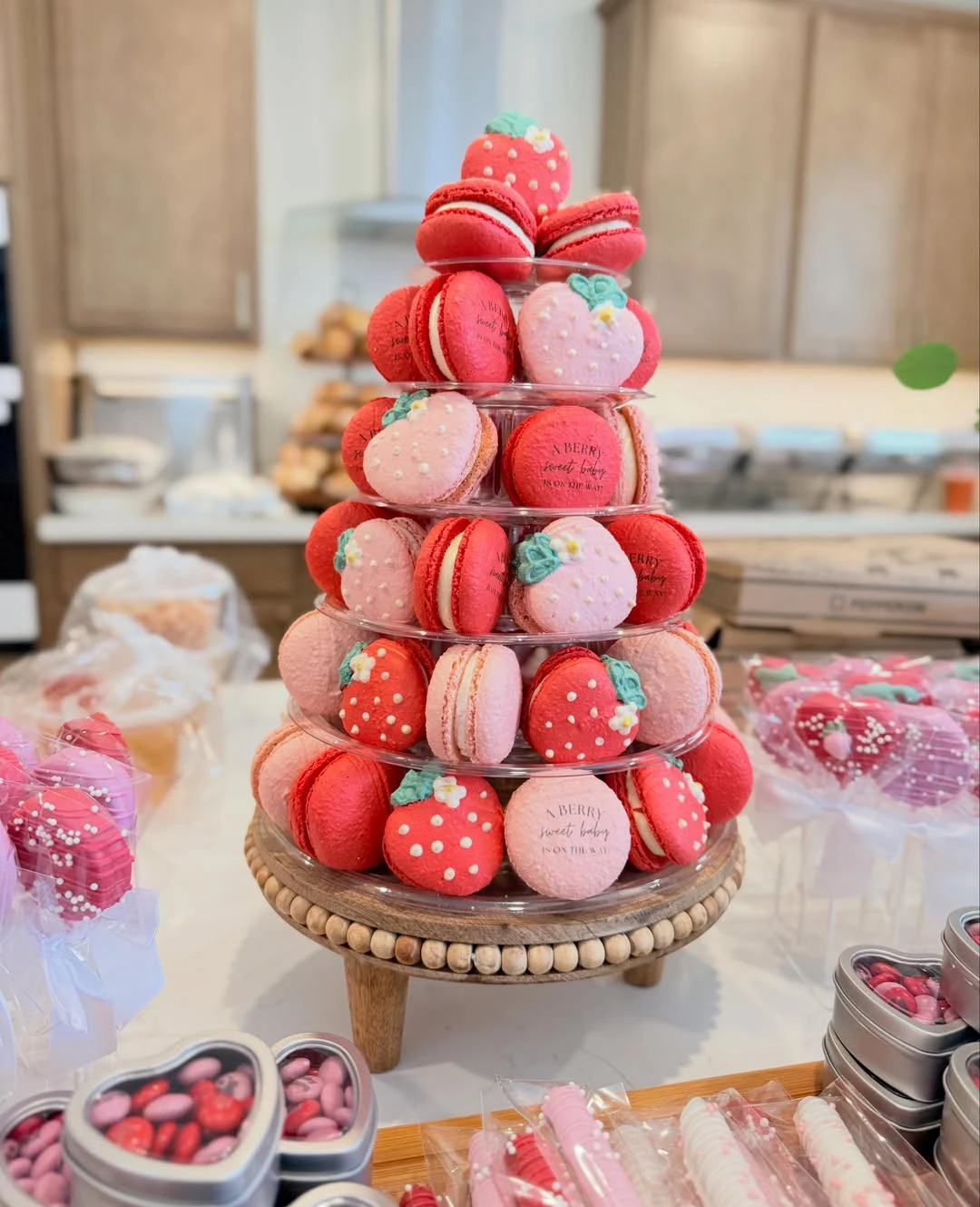 Strawberry Macaron Tower berry sweet baby shower