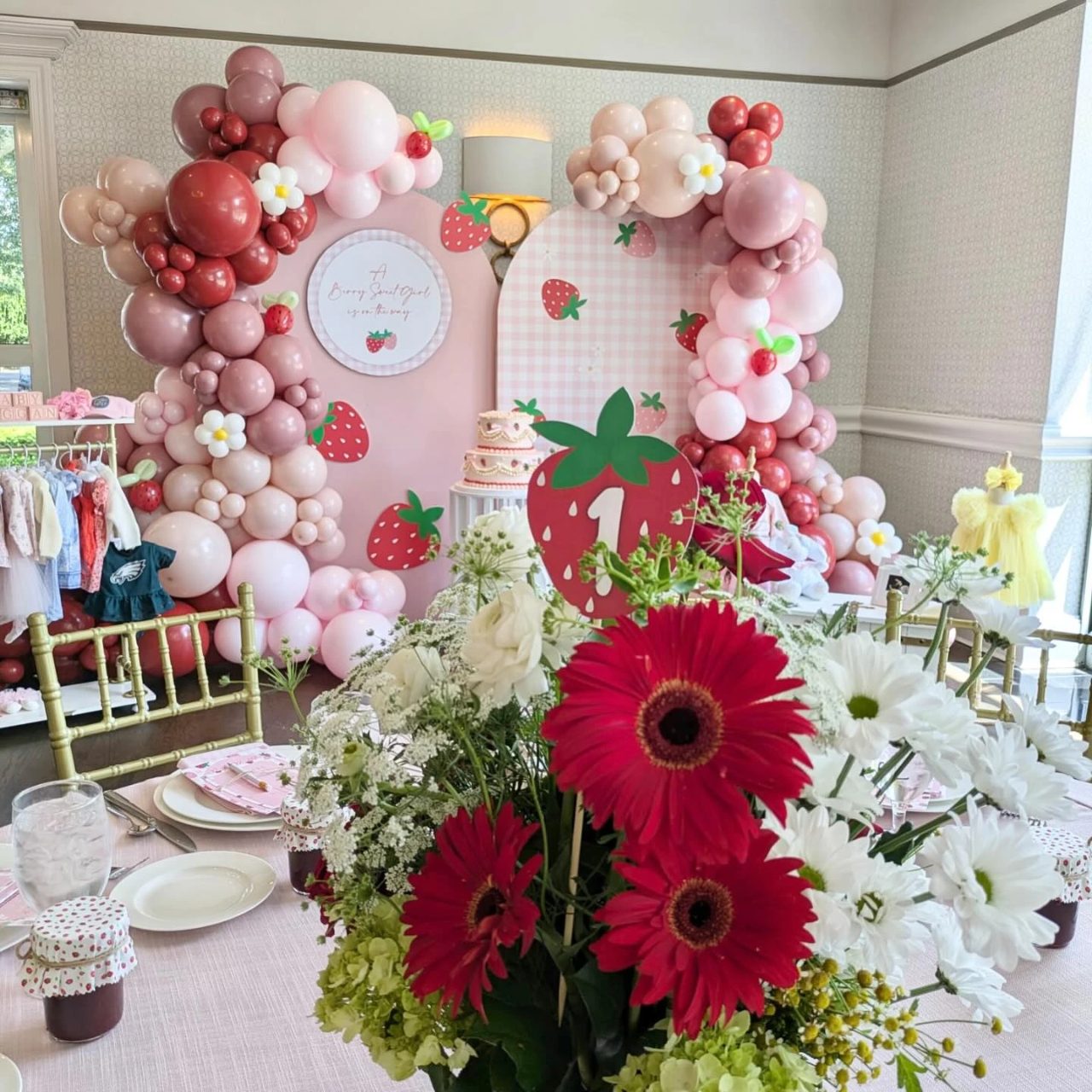 Gingham Patterned Backdrop Arches berry sweet baby shower
