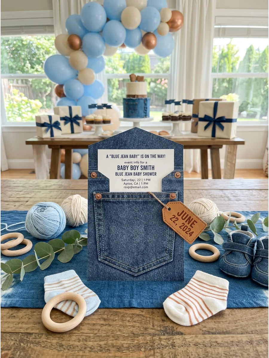 A pocket-shaped baby shower invitation with denim texture and copper rivet details.