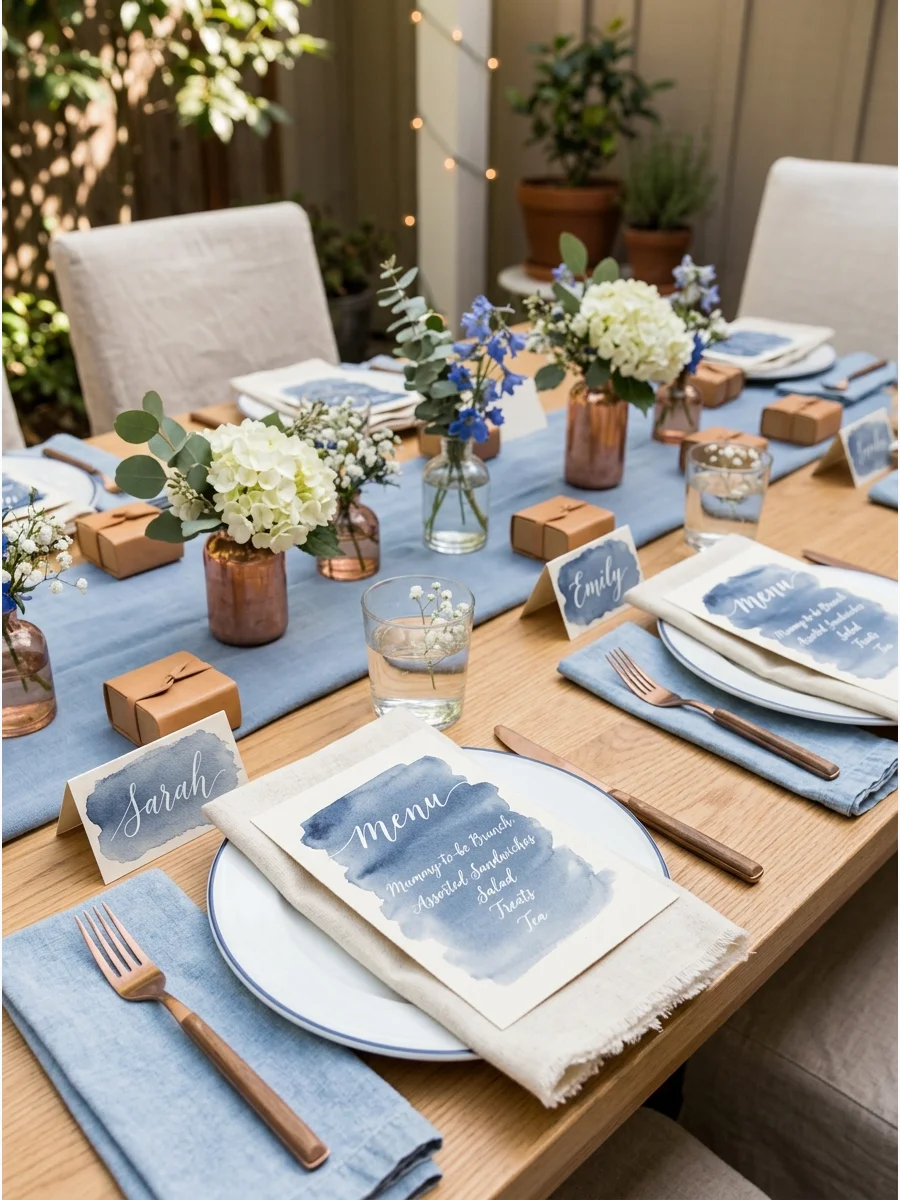 Indigo watercolor wash menus and place cards on a white tablecloth.
