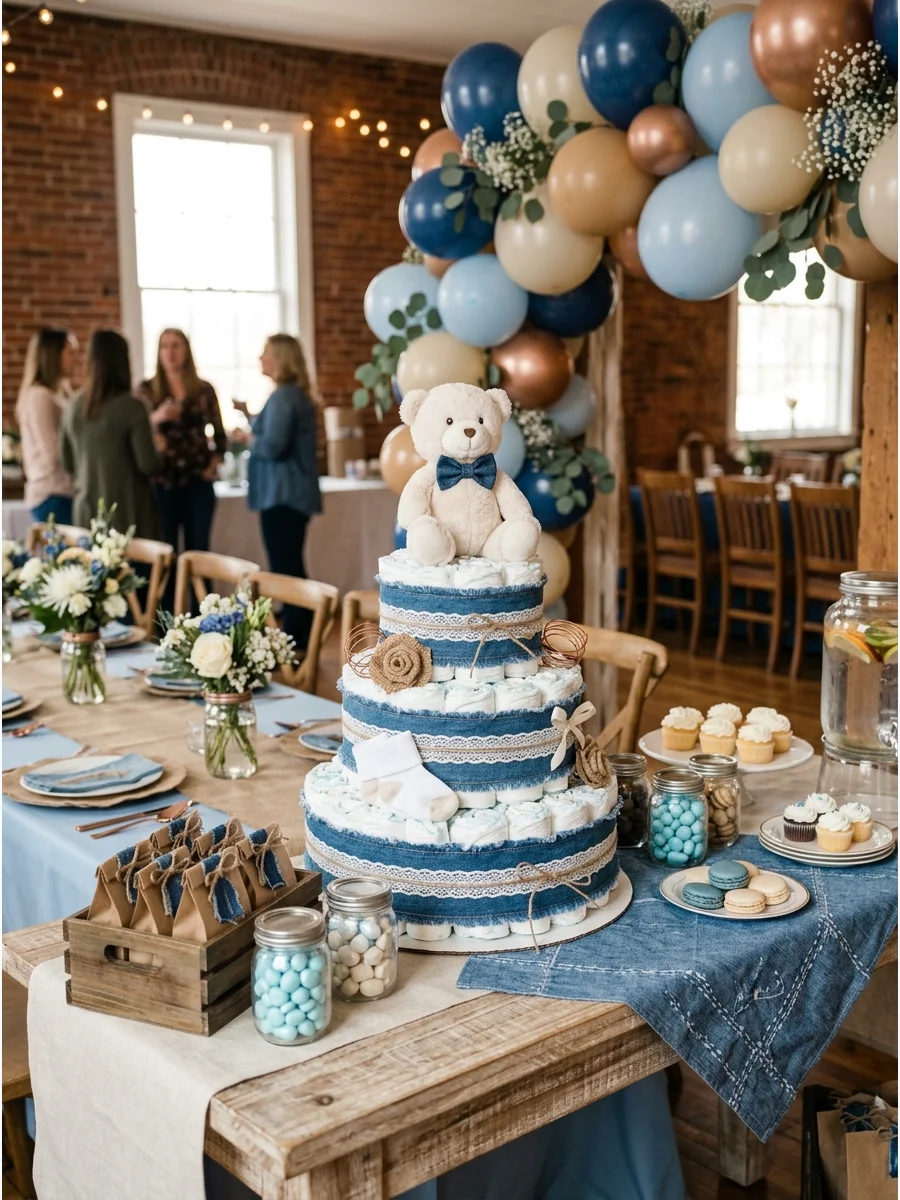 A tiered diaper cake decorated with denim ribbon and white lace trim.