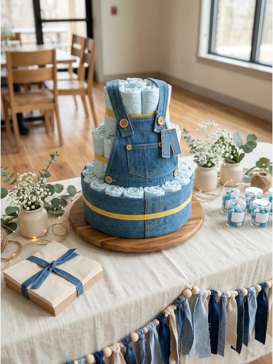 A creative diaper cake shaped like a pair of baby denim overalls.