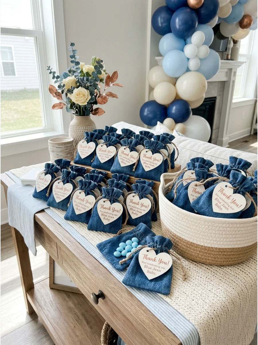 Small denim favor bags with jute drawstrings and copper foil tags.