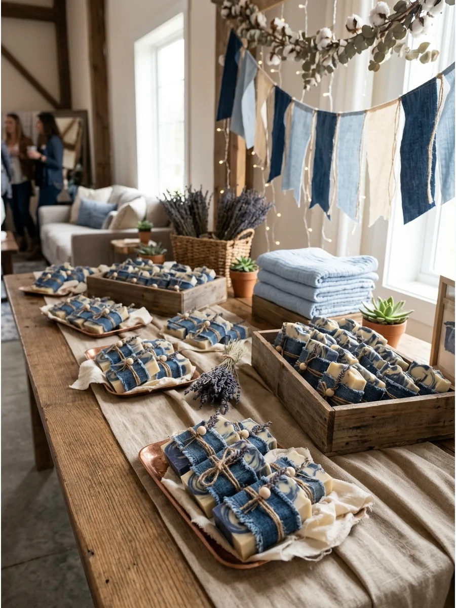 Artisan blue and white swirled soap bars wrapped in denim and twine.