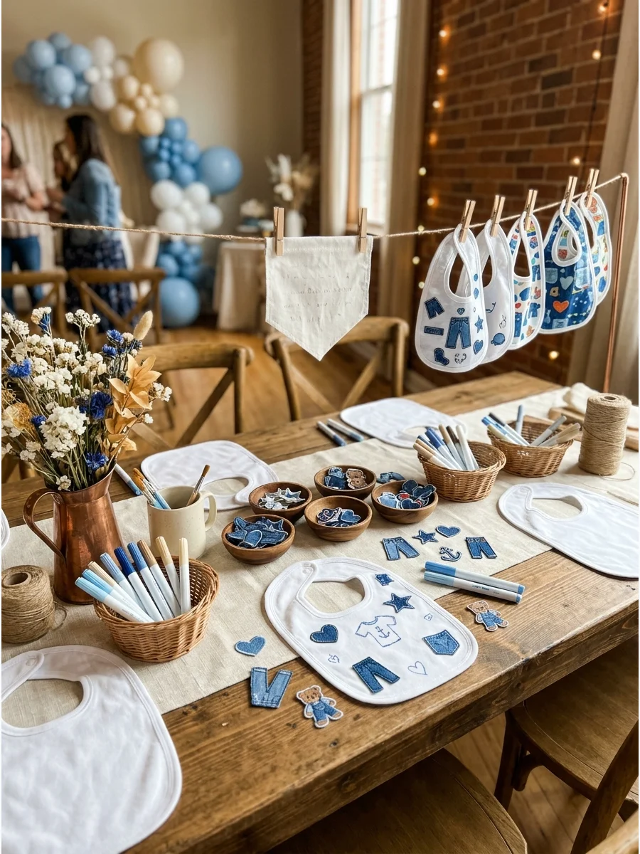 A baby shower craft station with bibs and blue fabric markers.