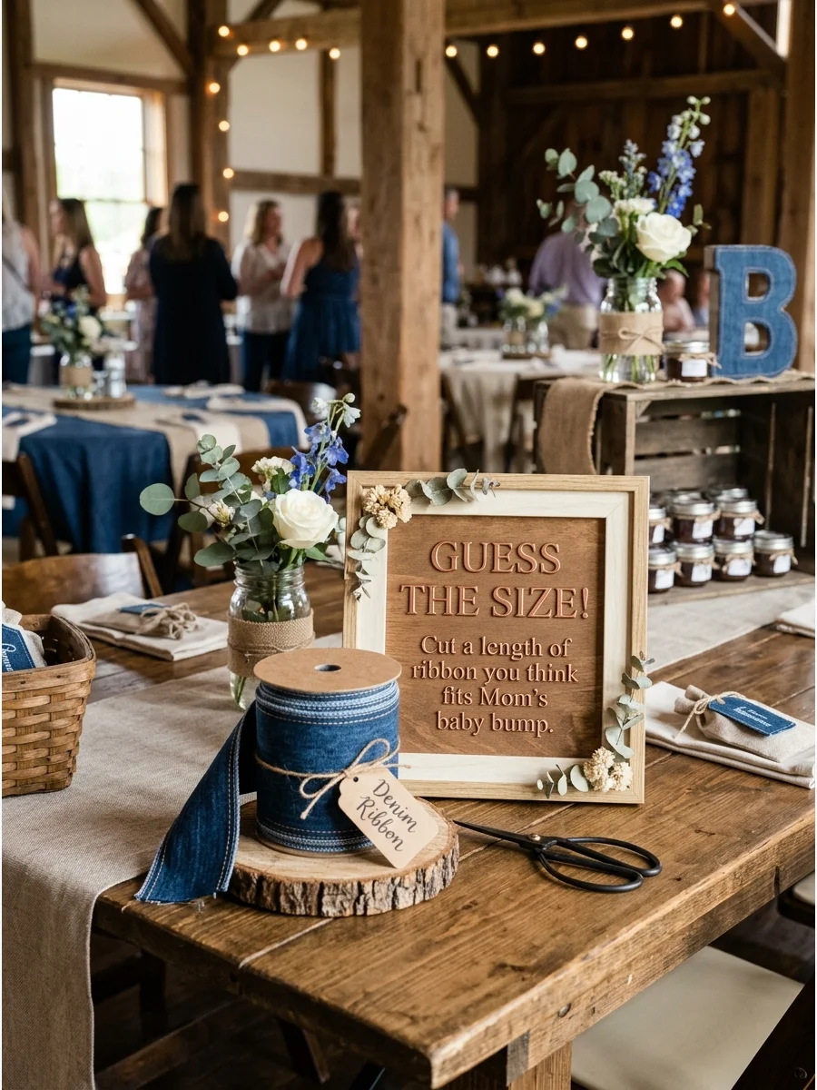 A spool of denim ribbon and a sign for a baby shower guessing game.