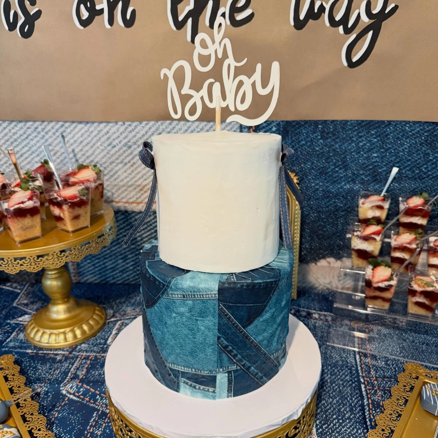 Patchwork Print Tiered Cake blue jean baby shower