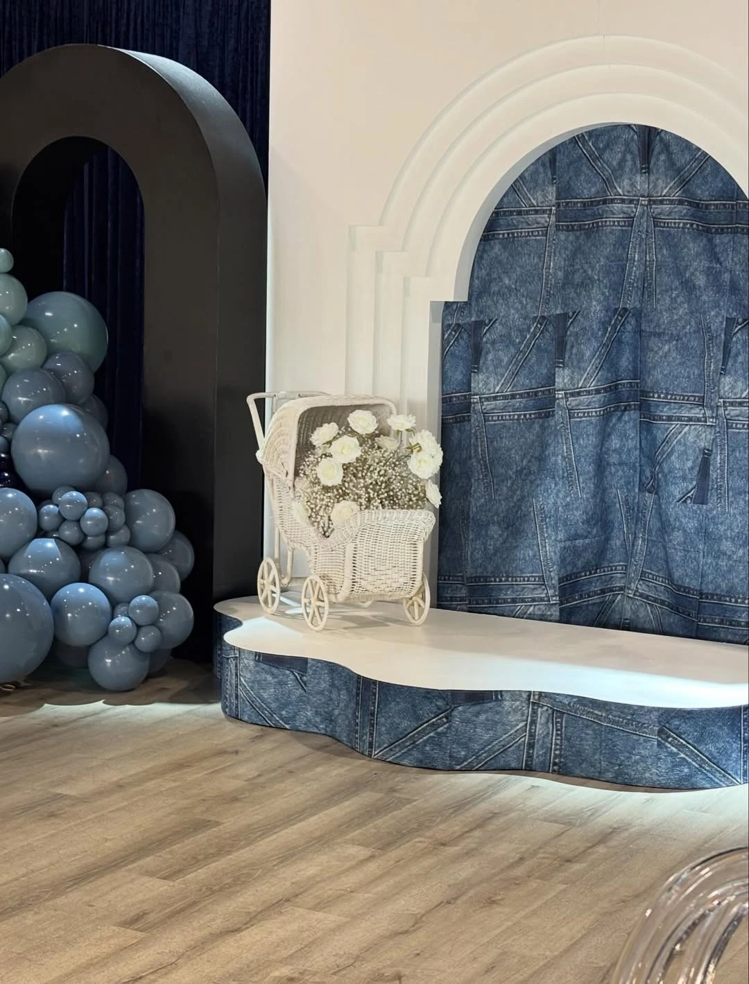 Arched Denim Backdrop Display blue jean baby shower