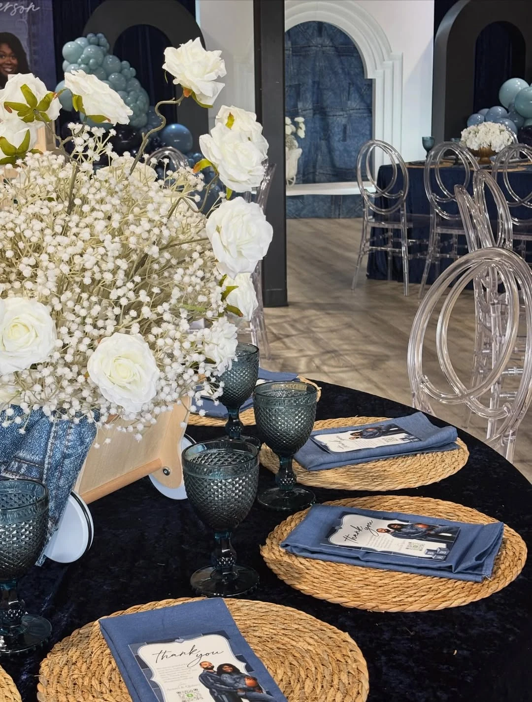 Rustic Indigo Table Settings blue jean baby shower