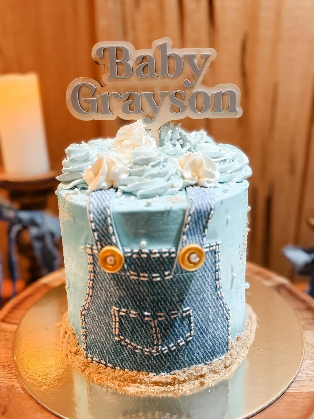 Edible Denim Overall Cake blue jean baby shower