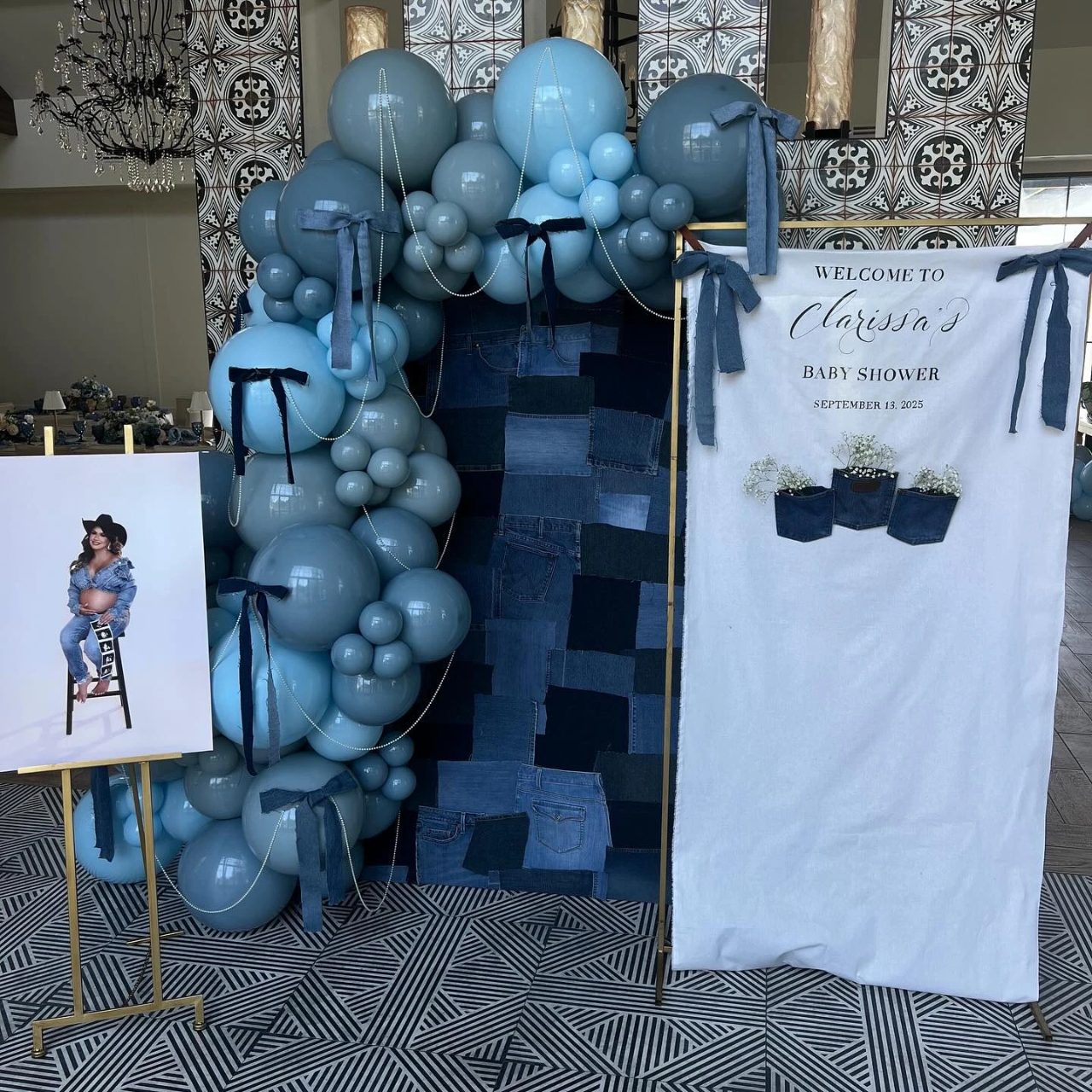 Denim Patchwork Entryway blue jean baby shower