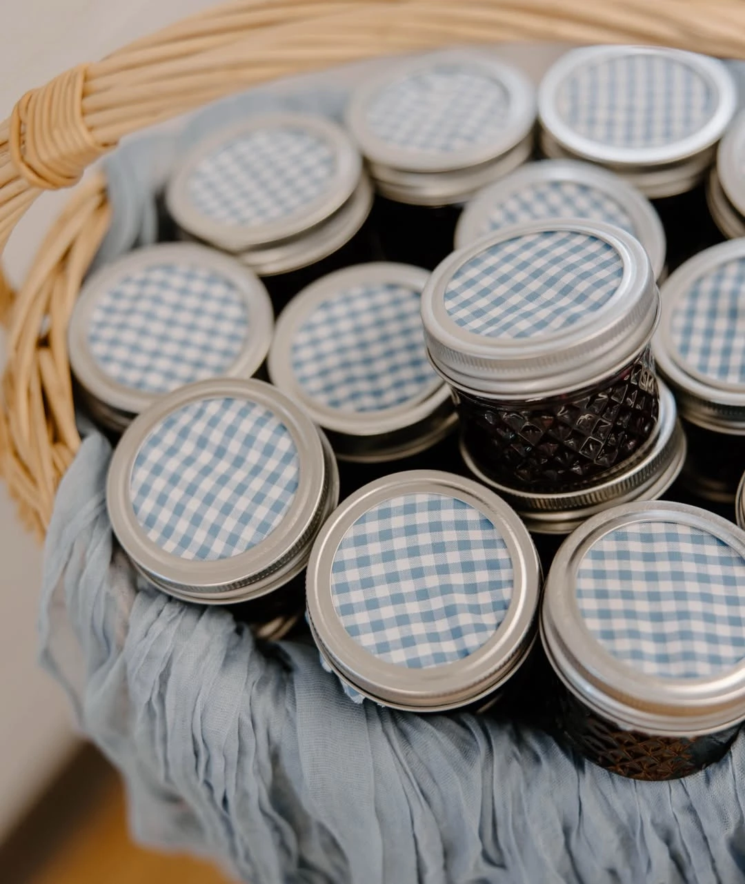 Gingham Topped Jam Jars blue jean baby shower