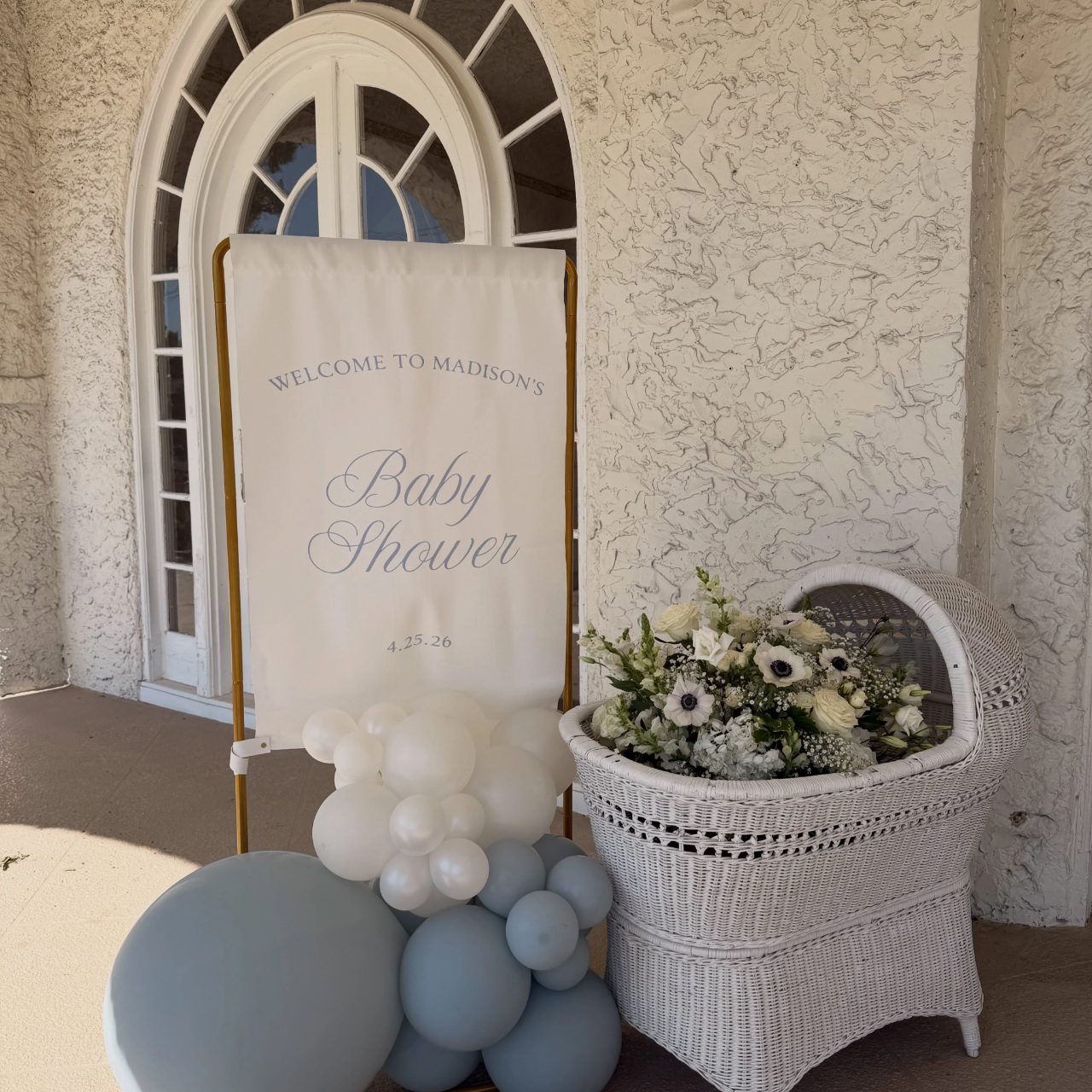 Wicker Bassinet Entryway Display blue jean baby shower