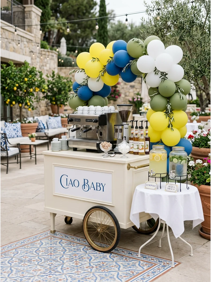 A vintage-style espresso cart with professional coffee machines and porcelain cups at an Italian-themed event.