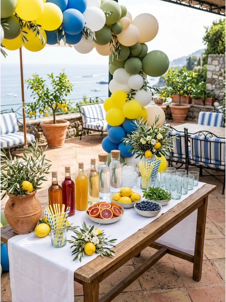 An Italian soda station with colorful syrup bottles, sparkling water, and fresh fruit garnishes.